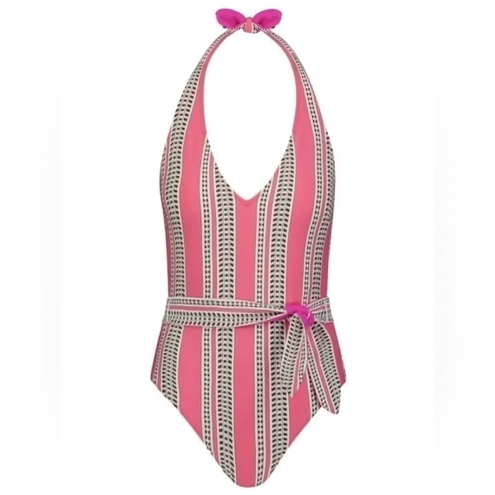 LEMLEM Amira Geo Stripe Belted One-Piece Swimsuit - Pink - Sz - XS $250 - Picture 1 of 11